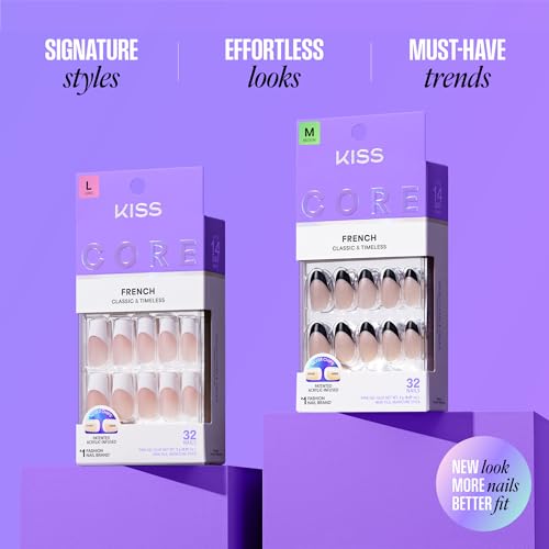 KISS Core French White Squoval Press On Nails Kit, Petite Size, 32 Ct