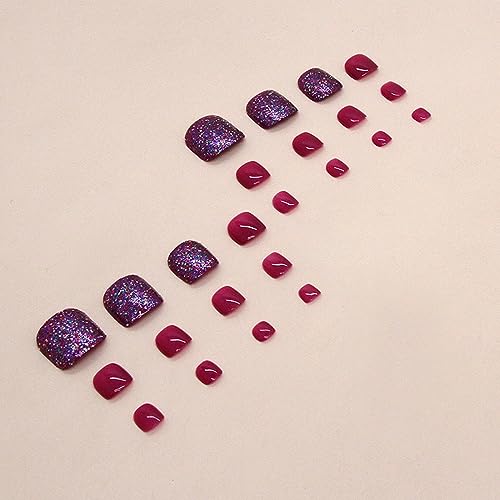 Sparkly Press on Toenails Purple Square Fake Toenails with Glitter French Fake Nails Acrylic Toe Nails for Women Glossy Toe Nail Tips Glue on ToeNails 24pcs