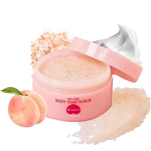 Pelican Soap Cream Body Scrub with Sea Salt, Peach Extract & Aloe Vera, Full Body Scrub Exfoliant Dead Skin Remover for Sensitive Skin & Rough Skin, Turns into Creamy Foam with Net from Japan, 6.35 Oz