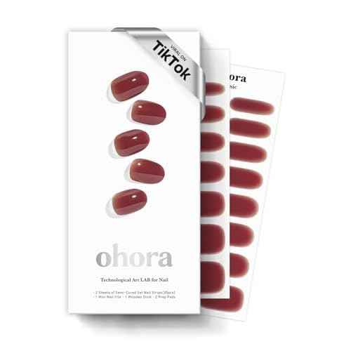 ohora Semi Cured Gel Nail Strips (N Wine Veil) - Works with Any Lamps, Salon-Quality, Long Lasting, Easy to Apply & Remove - Includes 2 Prep Pads, Nail File & Wooden Stick