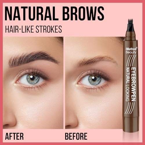 iMethod Eyebrow Pen - Eyebrow Pencil Magical Upgraded Eye Brow Pencils for Women with 4 Fork Tip & Spoolie Brush for Hair-Like Natural Brows, Last All-Day, Microblading Eyebrow Pen, Dark Brown