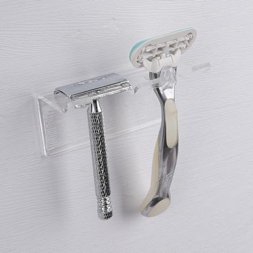 LUEXBOX 2Pack Safety Razor Holder for Shower Wall, Self Adhesive Razor and Brush Stand for Bathroom, Shaving Brush Stand Compatible with Fusion 5 Proglide, Mach 3 Classic(Clear)