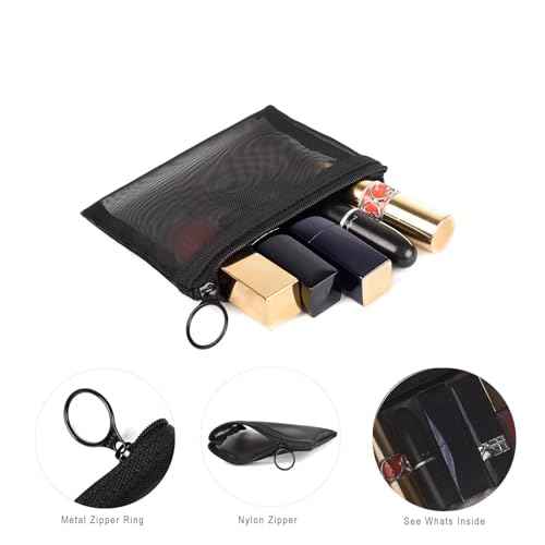 patu Zipper Mesh Bags, Pack of 5 (XS/S/M/L & Long Pouch), Beauty Makeup Cosmetic Accessories Organizer, Travel Toiletry Kit Set Storage Case, Black