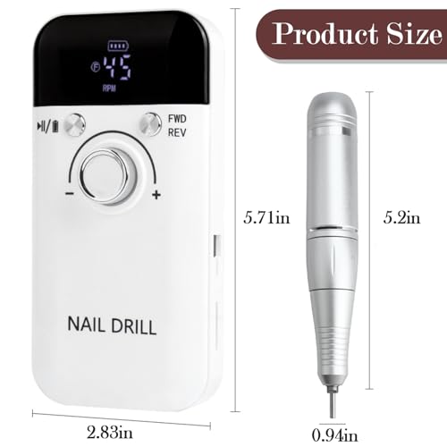 Electric Nail Drill Professional 45000 RPM, White Rechargeable Nail Drill File Machine for Acrylic Gel Nails Polishing Removing, Cordless Efile, Portable Electric Nail File for Manicure Salon Home