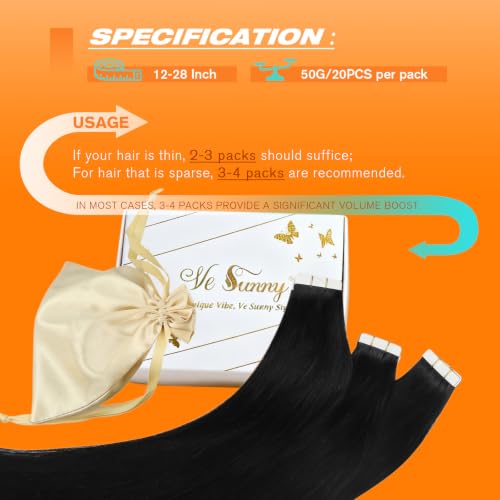 Sunny Hair Tape in Extensions Remy Human Hair 22" Jet Black 20Pcs
