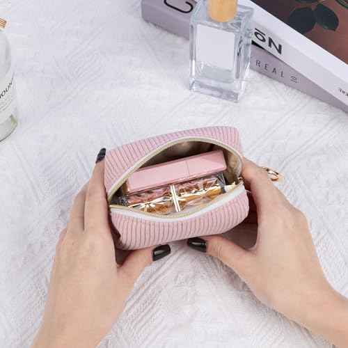 Corduroy Makeup Bag, Small Cosmetics Bag for Purse, Portable Travel Makeup Pouch with Ring Buckle & Inner Pockets for Women