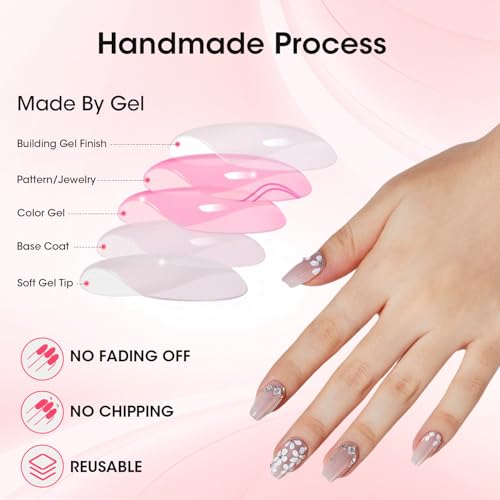 Press on Nails Short Coffin, Findigit Handmade Shinny Pink Flowers French Tip False Nail With Diamond Fake Acrylic Nail Kits, Full Cover Fake Nails Stick on Nails for Women Girls 10 PCS (S)