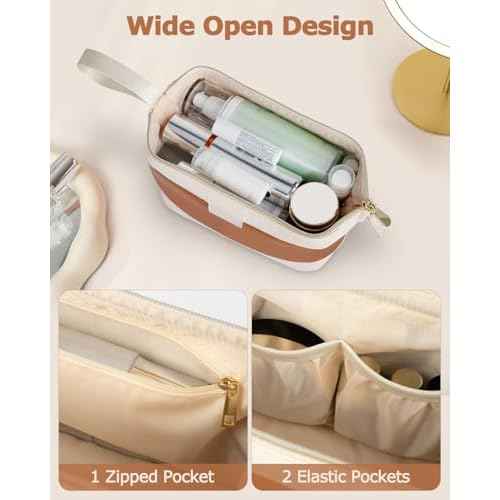 Wedama Makeup Bag Gift for Women, PU Leather Cosmetic Bag Wide Open Make up Organizer Bag, Large Capacity Travel Cosmetic Bag, Makeup Case with Handle for Women Girls, Brown