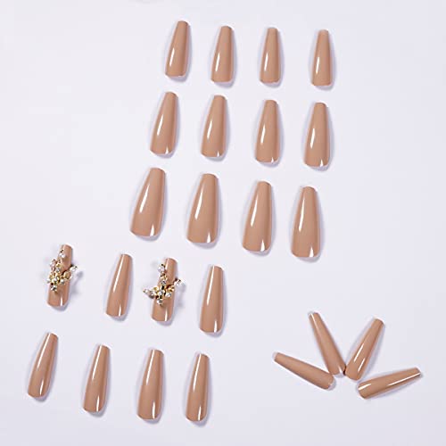 Glamyboo 24Pc Long Coffin Press On Nails with 1.5g Glue | False Nails for Women | Luxury Matte/Glossy Rhinestone Design Full Cover DIY Do-It-Yourself Fake Nails | Glue+ File+Cuticle Pusher Included (Glossy Beige 3D Rhinestone Pearl Cross)