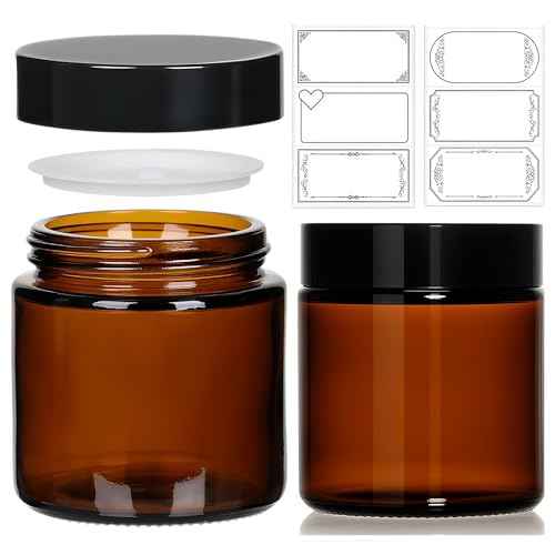 4oz Amber Glass Jars with Lids 2Pack, Small Salve Containers with Inner Seal for Creams, Candles,Accessories and DIY Lotions, White Stickers Included