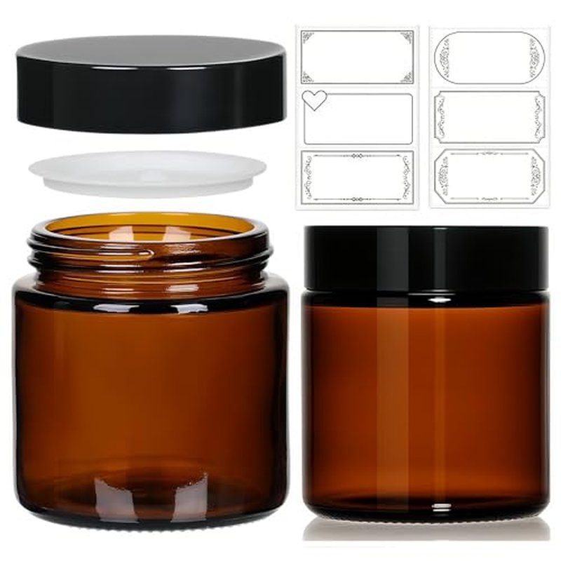 4 oz Amber Glass Jars 2 Pack with Black Lids & Inner Liners