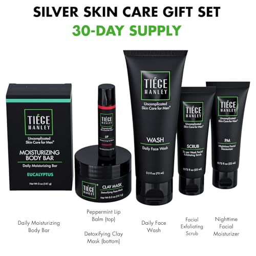 Tiege Hanley Skin Care Gift Box for Men, Silver Gifting Skincare Set With Daily Face Wash, Exfoliating Scrub, AM & PM Moisturizer, Clay Mask, Lip Balm, & Body Bar Soap, Men¡¯s Skin Care, 6 Piece Set
