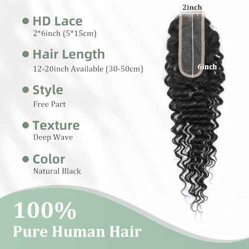 2x6 HD Lace Closure Loose Deep Wave Human Hair 14 Inch - 0.10mm Ultra-thin Invisible Burmese Curly 2 by 6 Closure, 100% Pre Plucked Brazilian Raw Virgin Hair Skinlike HD Lace Closure Wet and Wavy