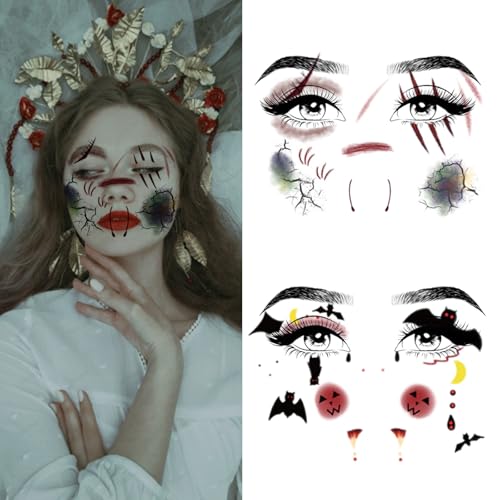 8 Pcs Horror Halloween Face Makeup Tattoos Stickers Clown Spider Web Undead Spirit Vampire Eyeshadow Temporary Sticker Scary Fake Freckles Face Tattoos for Day of Dead Carnival Party Decoration