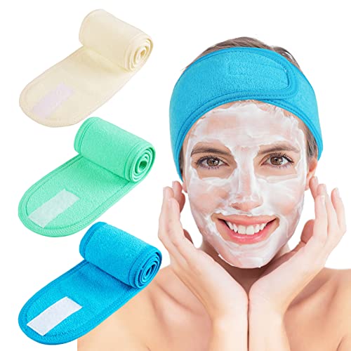 Whaline 3Pcs Spa Facial Headbands Set - Adjustable Terry Cloth Hair Wraps in Blue, Green, Yellow