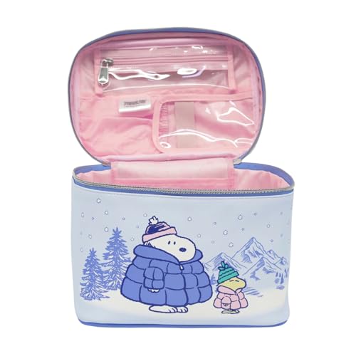 Impressions Vanity Peanuts SNOOPY Winter Makeup Train Case with Artwork, Top Handle Carry Strap Makeup Bag with Slip Pocket, Brush Holder Pocket and Silver Hardware Travel Makeup Organizer for Women