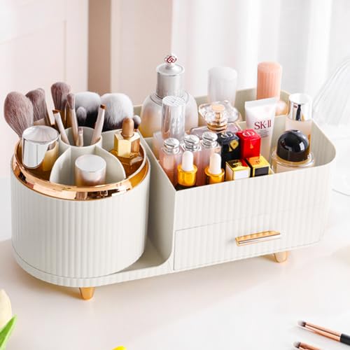 COMFYROOM White Rotating Makeup Organizer with Drawer – Large Vanity Storage