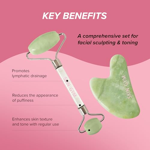 Skin Gym Jade Facial Roller & Gua Sha Tool Workout Set, Revitalizing Skincare for Enhanced Glow & Smooth Skin
