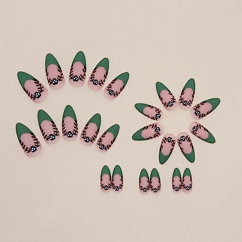 Green Press on Nails Medium Almond False Nails Matte Acrylic Nails Kit Reusable Spring Fake Nails with Designs Skeleton Glue on Nails Artificial Nails for Women Nail Art Manicure in 24PCS