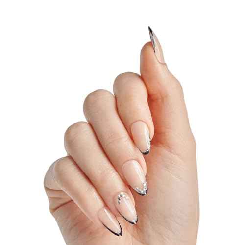 KISS Masterpiece French Tip Press On Nails, Black, Medium Almond, 12 Jeweled Accents, Glossy Finish Nail Kit Contains 30 Fake Nails, Pink Gel Nail Glue 2g (0.07 Oz.), Manicure Stick, & Mini Nail File