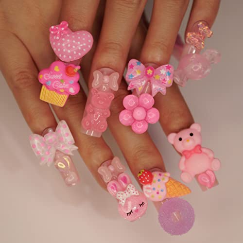 Long Press on Nails with Flower Charm,French Tip Square Fake Nails Full Cover False Nails with Bow Heart Pearl Bear Designs Acrylic Nails Pink Glitter Stick on Nails Cute Artificial Nails for Women