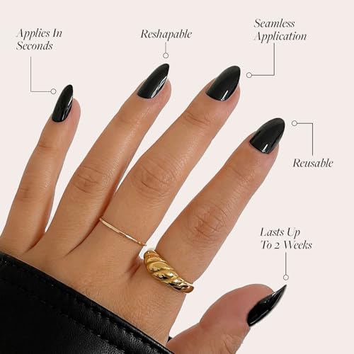 Glamnetic Press-On Nails Bundle - Caviar & Boba | Semi-Transparent, Short Almond Nails, Reusable | Opaque Black Short Almond Nails | Reusable Nail Kit with Glue