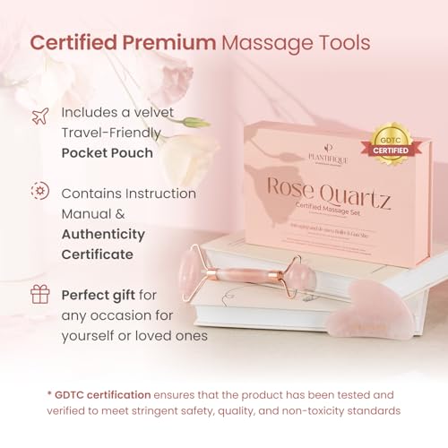 PLANTIFIQUE Face Roller and Gua Sha Rose Quartz Certified | Gifts | Guasha Tool for Face | Jawline Shaper | Your Skin Care Routine