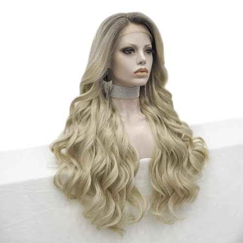 IMSTYLE Ombre Blonde Lace Front Wigs Long Wavy Synthetic Hair Wig for Women Thick Soft Heat Resistant Hair Wig With Natural Hairline Part Freely 26 Inch