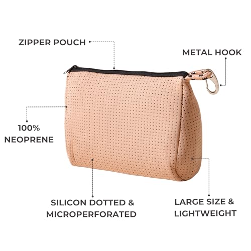 Large Waterproof Neoprene Makeup Bag with Zipper - Tan