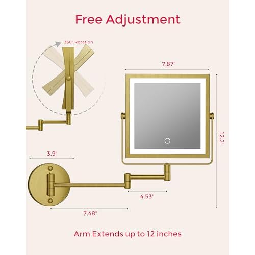 Rechargeable Wall Mounted Makeup Mirror with Lights, 4000mAh Double Sided 1X/10X Magnifying Vanity Mirror with 3 Color Lights, Touch Dimmable, 360¡Æ Extension Foldable Arm (Antique Brass)