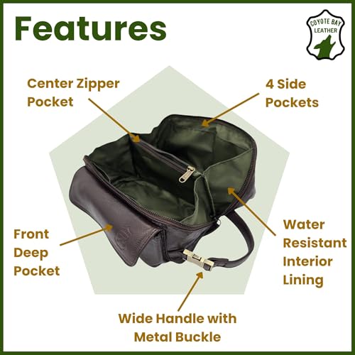 Coyote Bay¢ç Flypouch Premium Full Grain Soft Leather Toiletry Bag, Large 9 Inch, Makeup Bag, Travel Organizer Pouch, Shaving Kit, Cosmetics Toiletry Bathroom Organizer (Brown, Large)