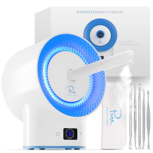 Pure Daily Care NanoSteamer Clinical 10-in-1 Smart Dermatologist Grade Ionic Facial Steamer - 2 Multi-Position Face Steamer Nozzles for Aromatherapy - 6 Pre-Porgrammed Modes - Include Extraction Set