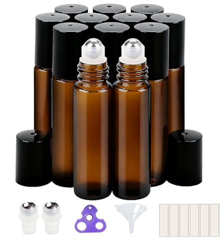 12-Pack 10ml Amber Glass Roller Bottles for Essential Oils