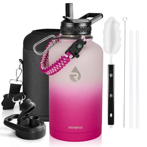 RAYMYLO Insulated Water Bottle 64 oz, Triple Wall Vacuum Stainless Steel (Cold for 48 Hrs), Leak Proof & Non-BPA, Half Gallon Water Flask Jug with Paracord Handle & Straw Spout Lids, Ombre Pink