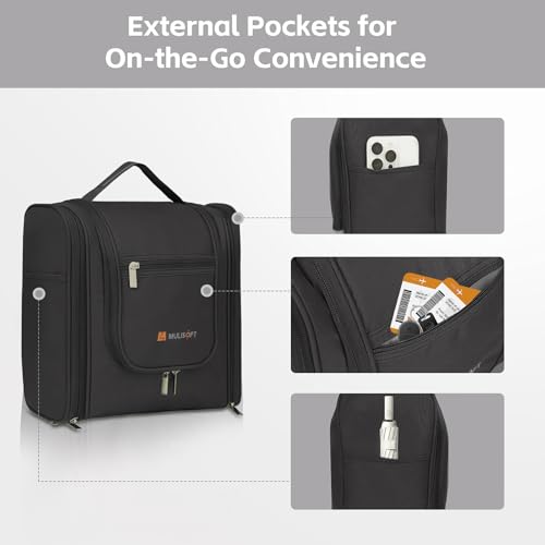 MULISOFT Travel Toiletry Bag for Women & Man, Extra Large Toiletry Bag, Portable Hanging Toiletries Bag, Water Resistant Dopp Kit for Toiletries, Cosmetics, Big Comparment Travel Makeup Bag, Black