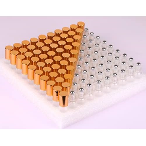 MaxMau Pack of 100,5ml Clear Glass Roll on Bottle Essential Oil Roller Bottles with Stainless Steel Roller Balls and Golden Painted Lids for Daily Aromatherapy Sample Test Travel
