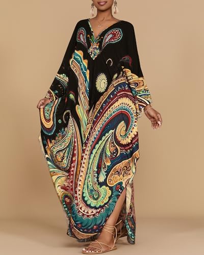 Bsubseach Plus Size Kaftan Dress with Pockets - Ethnic Print Beach Cover Up