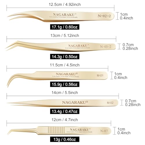 NAGARAKU 5 PCS Tweezers for Eyelash Extensions Straight and Curved Precision Professional Tweezer for Lash Extensions Volume Easy Fanning lash Precise Point with Storage Case Bag