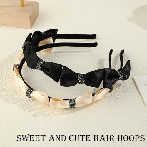 Kasmena 2Pcs Bow Headbands for Women Rhinestone Bow Headband for Girls Bow Hairband Non Slip Satin Headbands for Thick Thin Hair Accessories,Black White