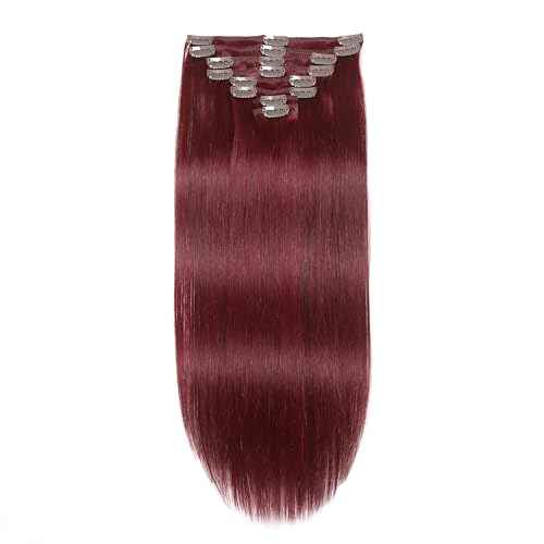 Clip in Hair Extensions Real Human Hair, Remy Human Hair Extensions Clip ins for Women, Invisible Seamless Natural Straight Double Weft, 8pcs 100g 18inch #99J Burgundy