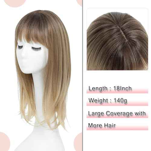Megito 18inch Hair Topper with Bangs Synthetic 6.5"X6.5" Big Base Cover Clip in Hairpieces for Women with Thinning Hair Add Volume Daily Use(Brown Blonde with Dark Root)