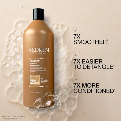 Redken All Soft Shampoo | Moisturizes and Deeply Hydrates| Softens, Smooths, and Adds Shine| Nourishing Shampoo for Dry Hair | Safe for Color-Treated Hair | With Argan Oil