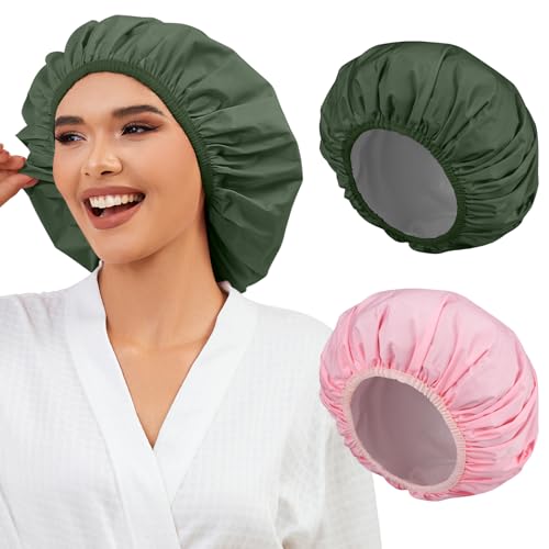 Reusable Waterproof Shower Caps for Women, 2-Pack with Elastic Band