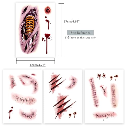 8 sheets£¬Scar Tattoo Stickers for Halloween, Realistic Wound fake tattoos makeup Disguise scars£¬Temporary tattoos for adult men and women£¬fake tattoos Scar£¬Roarhowl