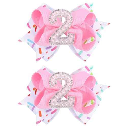 2PCS Hair Bows for Baby Girls Birthday - 2nd Birthday Hair Bow Sweet Theme with Ice Cream Party, Pink Hair Accessories for Baby Toddler 1 2 3 4 5 6 Years, Outfit & Decorations