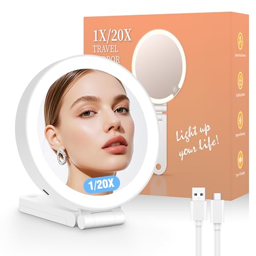 Travel Lighted Makeup Mirror 20X/1X | Foldable Handheld with 3 Color LED, Rechargeable