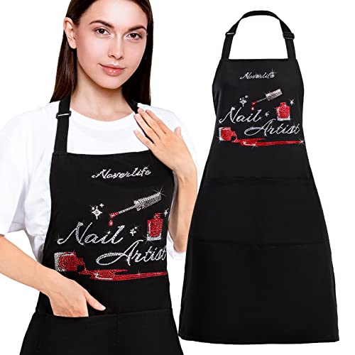 Noverlife Nail Artist Apron for Women, Adjustable Manicurist Bib Apron with Rhinestone Nail Polish Pattern, 2-Pocket Professional Nail Salon Cosmetology Apron with Neck Strap for Salon Nail Technician