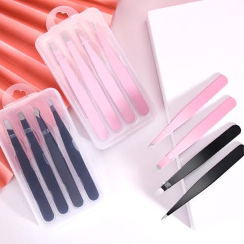 Eyebrow Tweezers for Women with Slanted, Splinter, and Pointed Tips. Professional Tweezers for Women Facial Hair for Eyebrow Care. 4 Piece Pinzas para Cejas Set. (PinkTweezer)