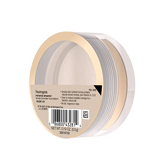 Neutrogena Mineral Sheers Lightweight Loose Powder Makeup Foundation with Vitamins A, C, & E, Sheer to Medium Buildable Coverage, Skin Tone Enhancer, Face Redness Reducer, Nude 40,.19 oz