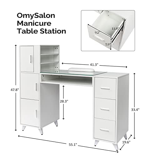 OmySalon Manicure Table with Glass Top & Wrist Rest